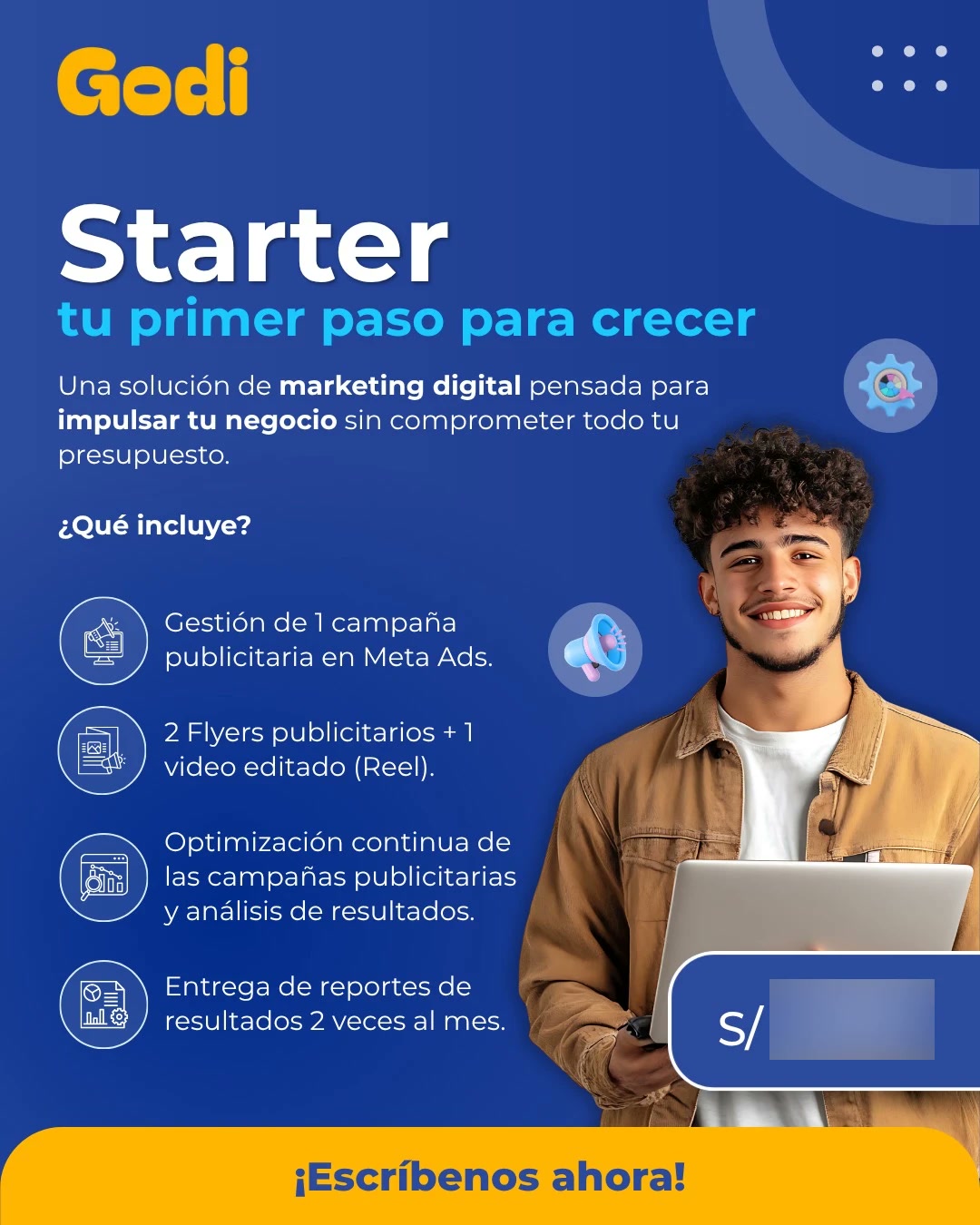 Flyer publicitario de Godi: plan Starter, tu primer paso para crecer, con lo que incluye el servicio