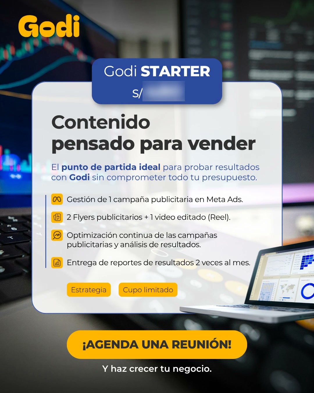 Flyer publicitario de Godi: Godi Starter, contenido pensado para vender, con lo que incluye el servicio