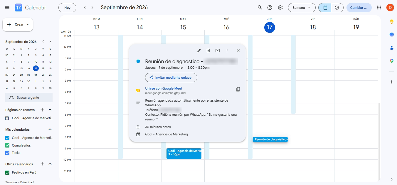 Reunión agendada automáticamente por Godi Bot en Google Calendar