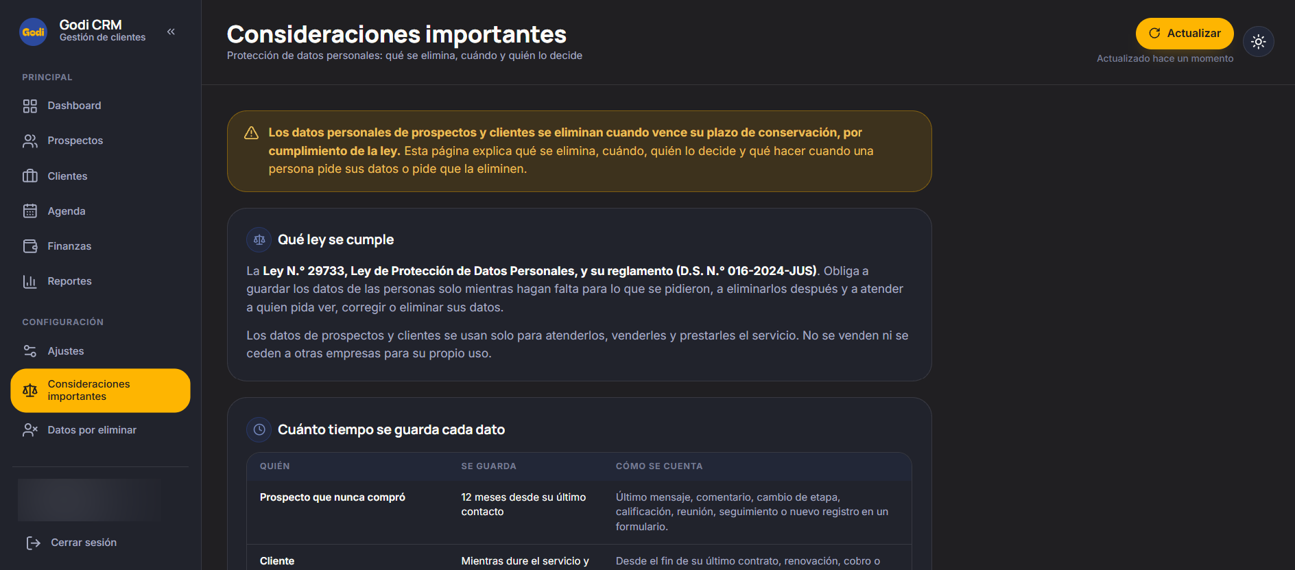 Pantalla «Consideraciones importantes» de Godi CRM: explica qué ley se cumple y cuánto tiempo se guarda cada dato
